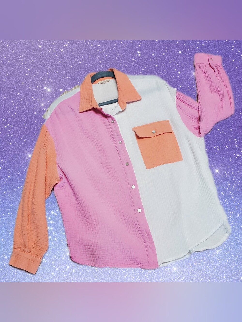 Oversized Button-Up Color Block Blouse by Entro - Picture 8 of 9